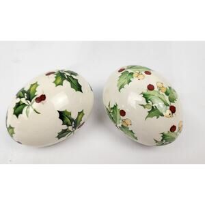 2 The Egg Lady Christmas Porcelain Eggs Holly & Berries Horizontal - 2.25"